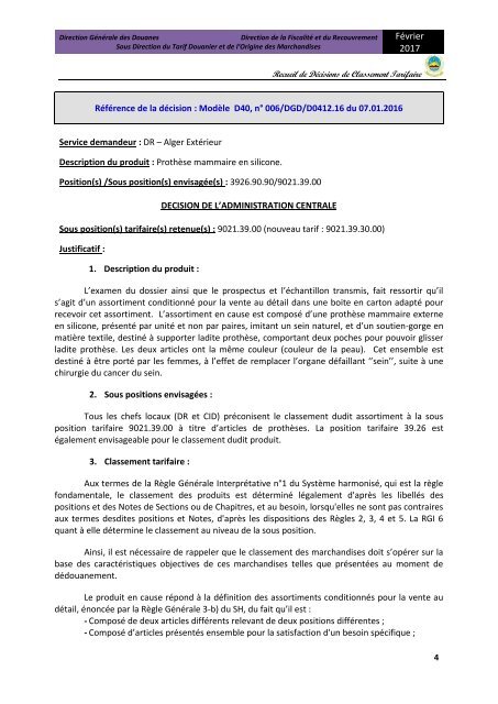 RECUEIL DES DECISIONS DE CLASSEMENT TARIFAIRE ANNEE  2016