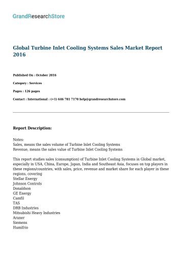 Global Turbine Inlet Cooling Systems Sales Market Report 2016