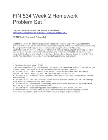 FIN 534 Week 2 Homework Problem Set 1