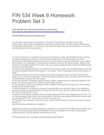 FIN 534 Week 6 Homework Problem Set 3