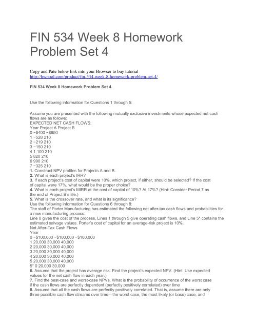 FIN 534 Week 8 Homework Problem Set 4