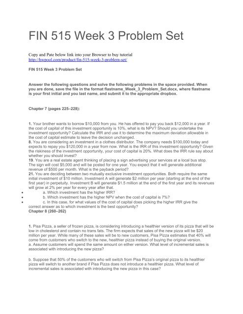 FIN 515 Week 3 Problem Set