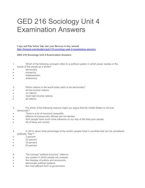 GED 216 Sociology Unit 4 Examination Answers