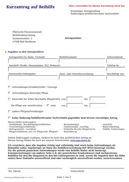 Antrag beihilfe kurzantrag