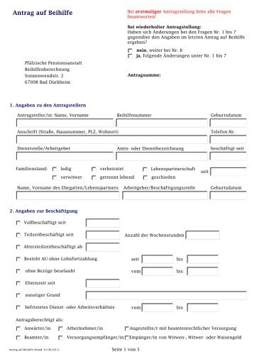 Antrag auf Beihilfe - Pfälzische Pensionsanstalt