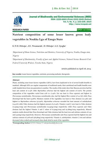 Nutrient composition of some lesser known green leafy vegetables in Nsukka Lga of Enugu State