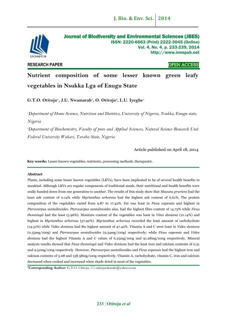 Nutrient composition of some lesser known green leafy vegetables in Nsukka Lga of Enugu State