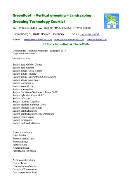 Dachstauden  Flachballenstauden  Sortiment 2017