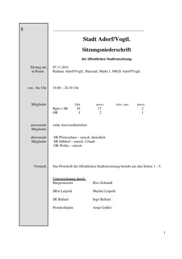 Stadt Adorf/Vogtl. Sitzungsniederschrift