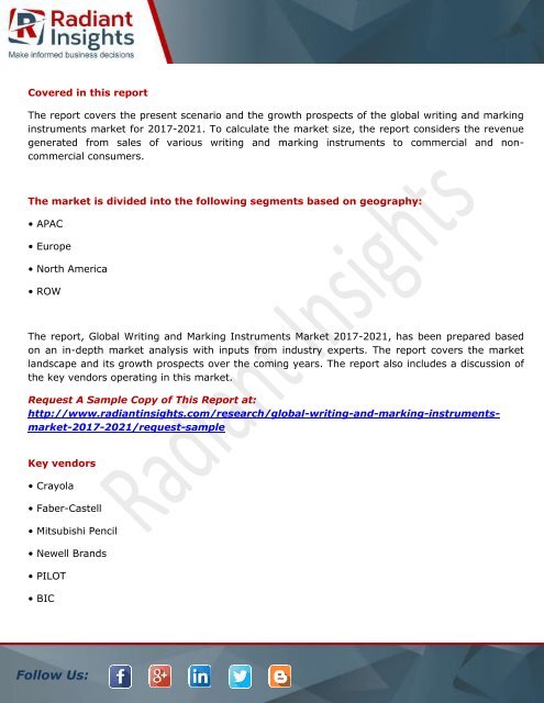 Writing and Marking Instruments Market- Growth, Type and Application; Trends Forecast to 2021 by Radiant Insights,Inc