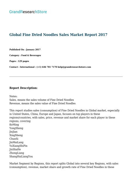 Global Fine Dried Noodles Sales Market Report 2017