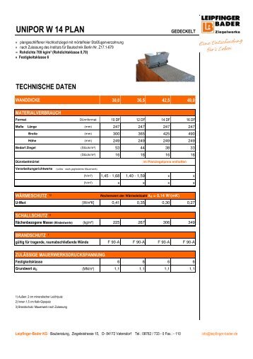 Technische Daten UNIPOR W 14 Plan gedeckelt - Leipfinger-Bader ...