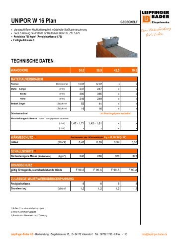 Technische Daten UNIPOR W 16 Plan gedeckelt - Leipfinger-Bader ...