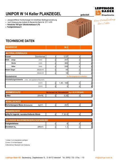 Technische Daten UNIPOR W 14 Keller Plan - Leipfinger-Bader KG