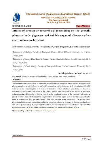 Effects of arbuscular mycorrhizal inoculation on the growth, photosynthetic pigments and soluble sugar of Crocus sativus (saffron) in autoclaved soil