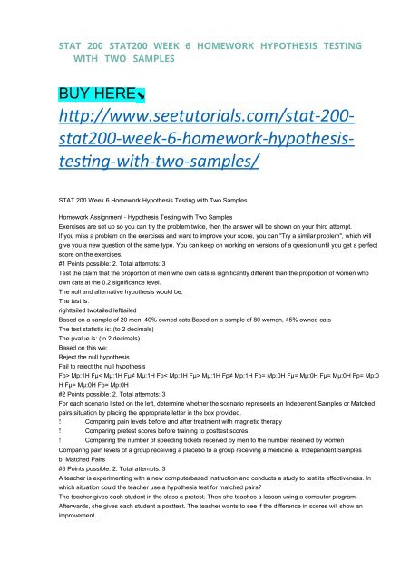 STAT 200 STAT200 WEEK 6 HOMEWORK HYPOTHESIS TESTING WITH TWO SAMPLES