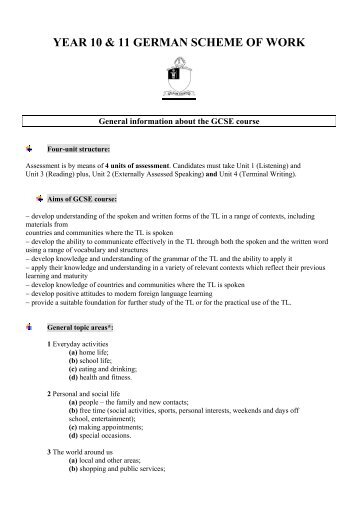 YEAR 10 & 11 GERMAN SCHEME OF WORK - SD Online Home