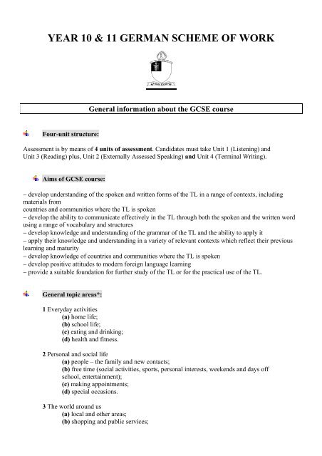 YEAR 10 & 11 GERMAN SCHEME OF WORK - SD Online Home