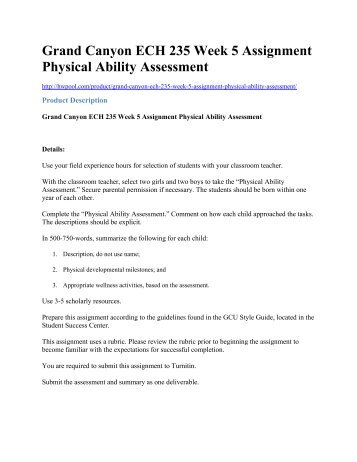 Grand Canyon ECH 235 Week 5 Assignment Physical Ability Assessment