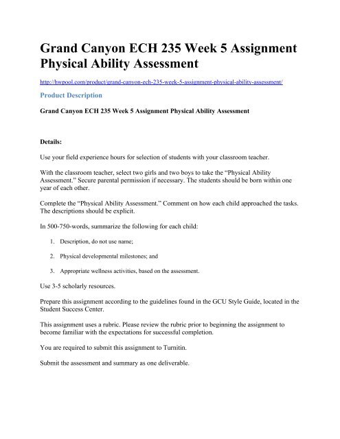 Grand Canyon ECH 235 Week 5 Assignment Physical Ability Assessment