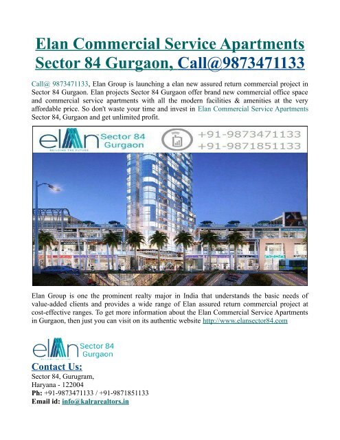 Elan Commercial Service Apartments Sector 84 Gurgaon Call - 