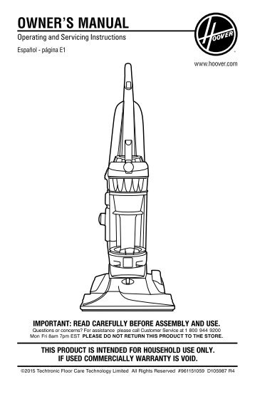Hoover WindTunnelÂ® 3 High Performance Pet Bagless Upright - UH72630 - Manual