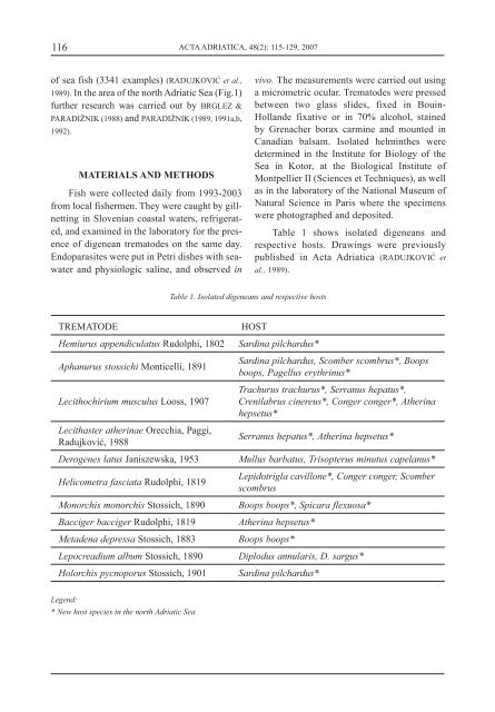 Digenea trematodes in fish of the North Adriatic Sea