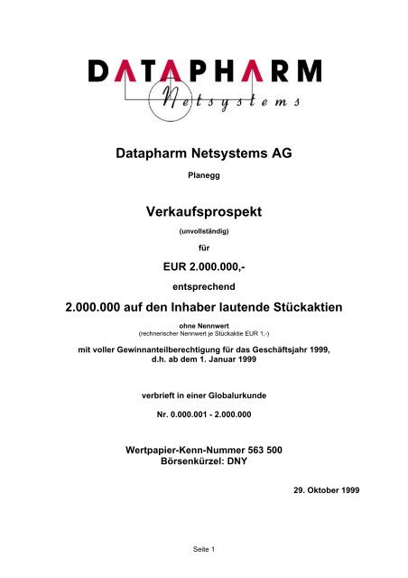 Datapharm Netsystems AG Verkaufsprospekt - Baader Bank AG