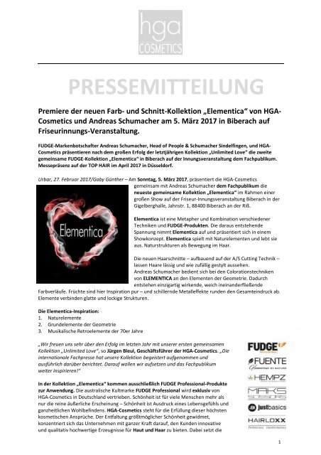 Pressemitteilung ELEMENTICA von HGA-Cosmetics