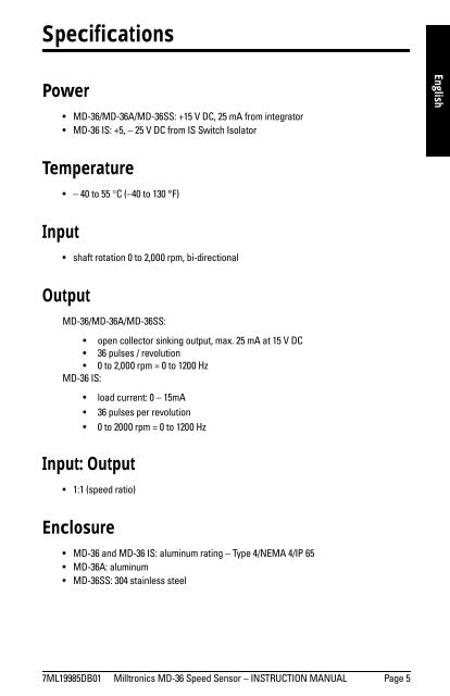 Milltronics MD-36 Speed Sensor - Siemens