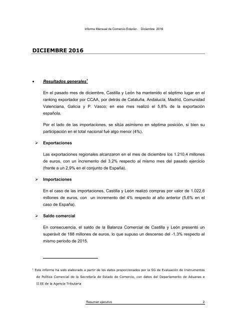 INFORME MENSUAL DE COMERCIO EXTERIOR DE CASTILLA Y LEÓN DICIEMBRE DE 2016