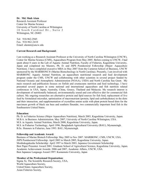 Dr. Alam CV - University of North Carolina Wilmington