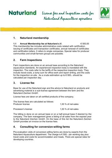 Tariffs of Naturland Aquaculture Certification