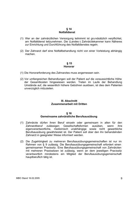 Musterberufsordnung der Bundeszahnärztekammer - Die ...