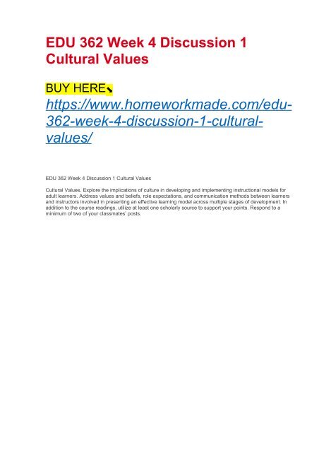 EDU 362 Week 4 Discussion 1 Cultural Values