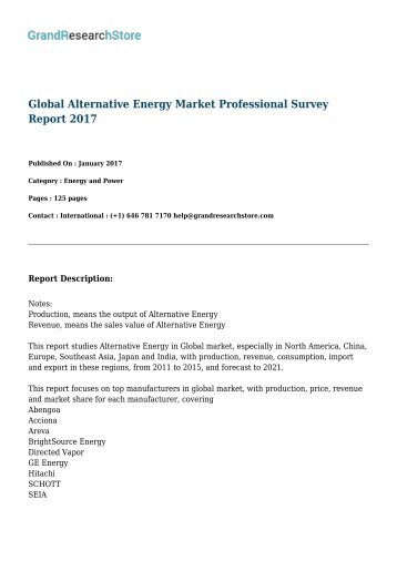 Global Alternative Energy Market Research Report 2016:GrandResearchStore