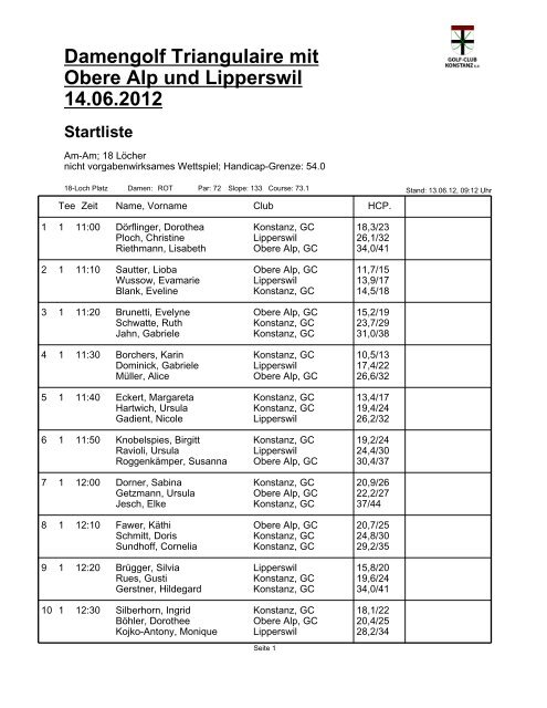 Damengolf Triangulaire m. - Startliste - Golf Club Lipperswil