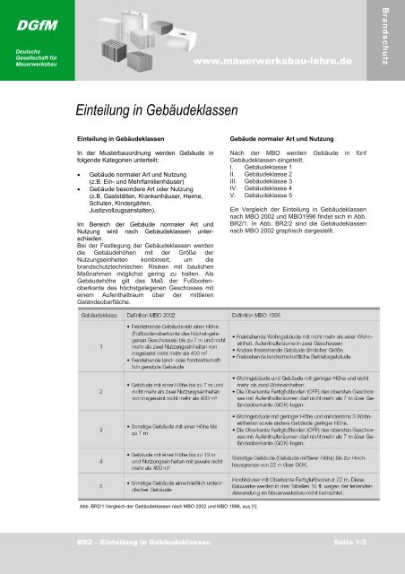 Einteilung in Gebäudeklassen - Mauerwerksbau - Lehre