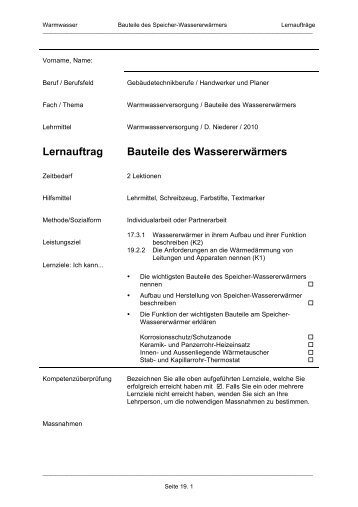 Lernauftrag Bauteile des Wassererwärmers - SSHL