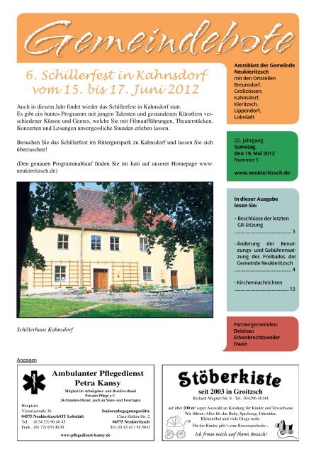 6. Schillerfest in Kahnsdorf vom 15. bis 17. Juni 2012