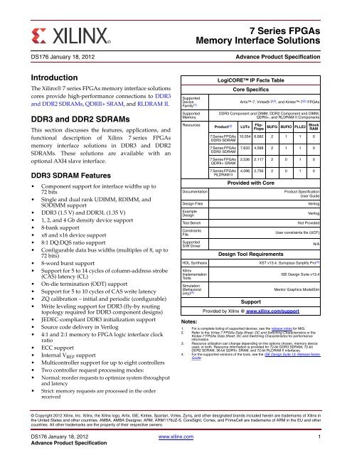 Xilinx DS176 7 Series FPGAs Memory Interface Solutions, Data Sheet