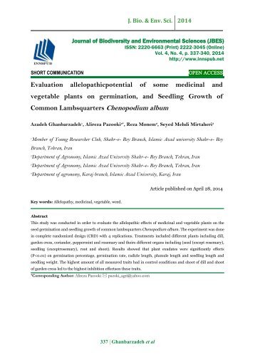 Evaluation allelopathicpotential of some medicinal and vegetable plants on germination, and Seedling Growth of Common Lambsquarters Chenopodium album