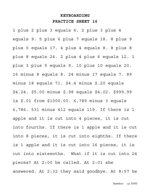 Keyboarding Practice Sheet 16 1 Plus 2 Plus 3 Equals 6 2