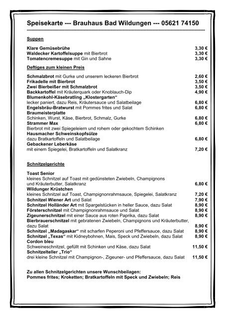 Speisekarte Brauhaus Bad Wildungen 05621 74150