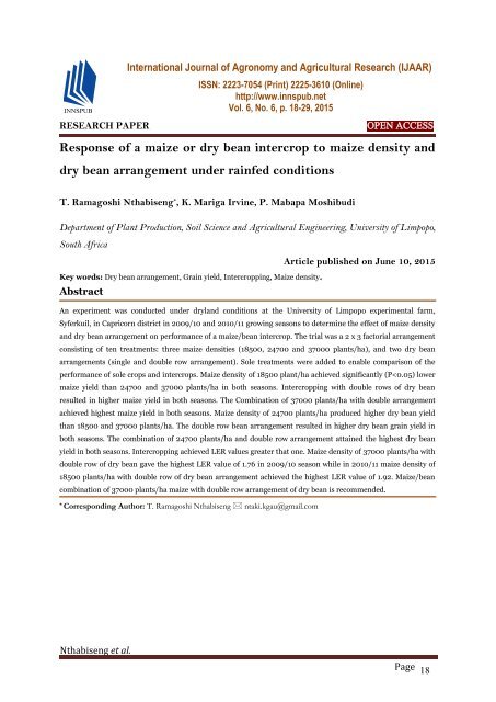 Response of a maize or dry bean intercrop to maize density and dry bean arrangement under rainfed conditions