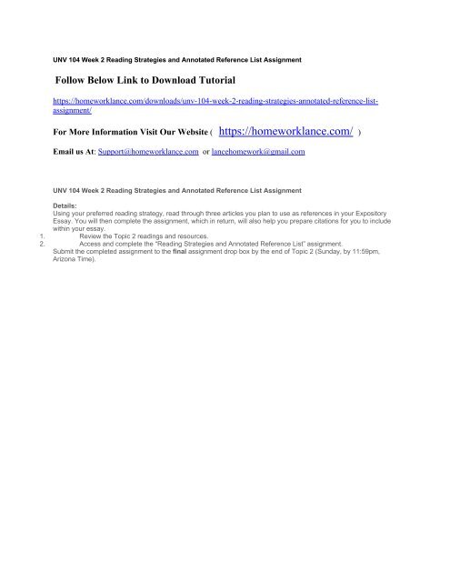 UNV 104 Week 2 Reading Strategies and Annotated Reference List Assignment