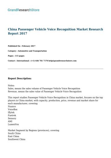 China Passenger Vehicle Voice Recognition Market Research Report 2017 