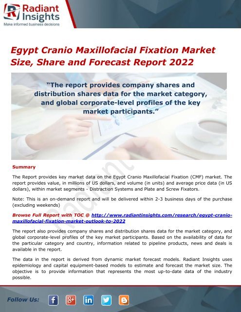 Egypt Cranio Maxillofacial Fixation Market  Analysis and Forecasts, Outlook 2022