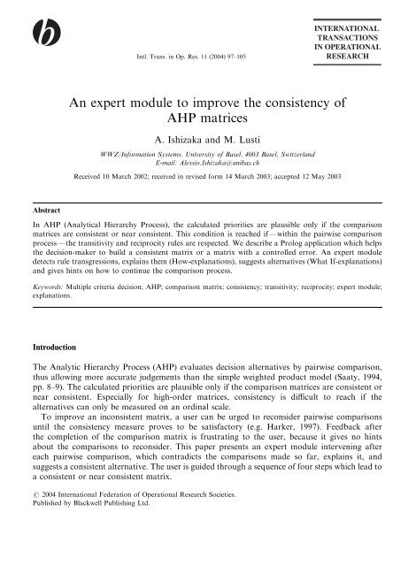 An expert module to improve the consistency of AHP matrices