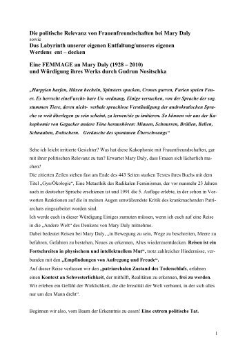 Mary Daly - Lebensbeginn und Entwicklungen - Gerda-Weiler-Stiftung